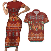 Oxblood Batik Papua-inspired Pattern Couples Matching Short Sleeve Bodycon Dress and Hawaiian Shirt LT9 Red - Polynesian Pride