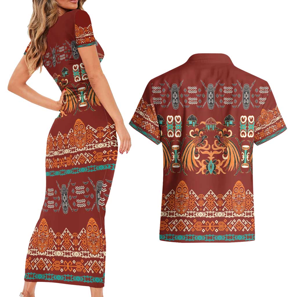 Oxblood Batik Papua-inspired Pattern Couples Matching Short Sleeve Bodycon Dress and Hawaiian Shirt LT9 - Polynesian Pride