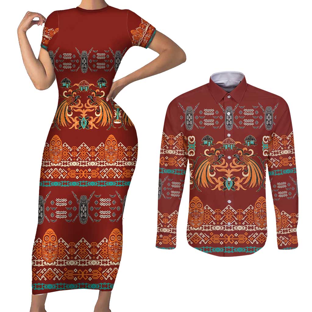 Oxblood Batik Papua-inspired Pattern Couples Matching Short Sleeve Bodycon Dress and Long Sleeve Button Shirt LT9 Red - Polynesian Pride