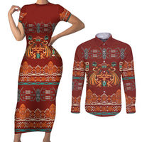Oxblood Batik Papua-inspired Pattern Couples Matching Short Sleeve Bodycon Dress and Long Sleeve Button Shirt LT9 Red - Polynesian Pride