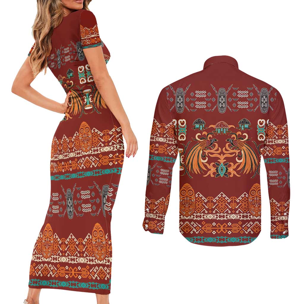 Oxblood Batik Papua-inspired Pattern Couples Matching Short Sleeve Bodycon Dress and Long Sleeve Button Shirt LT9 - Polynesian Pride