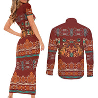 Oxblood Batik Papua-inspired Pattern Couples Matching Short Sleeve Bodycon Dress and Long Sleeve Button Shirt LT9 - Polynesian Pride
