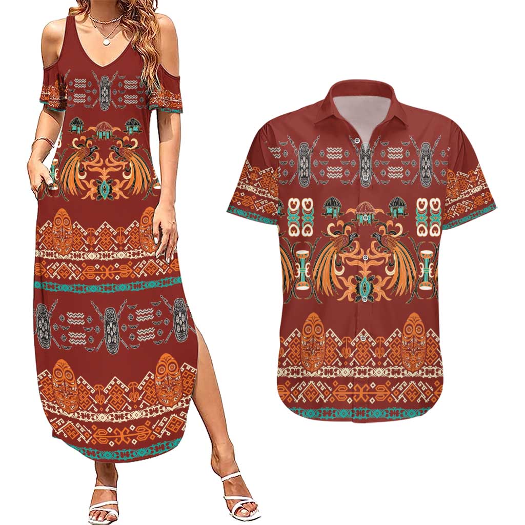 Oxblood Batik Papua-inspired Pattern Couples Matching Summer Maxi Dress and Hawaiian Shirt LT9 Red - Polynesian Pride