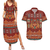 Oxblood Batik Papua-inspired Pattern Couples Matching Summer Maxi Dress and Hawaiian Shirt LT9 Red - Polynesian Pride