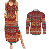 Oxblood Batik Papua-inspired Pattern Couples Matching Summer Maxi Dress and Long Sleeve Button Shirt LT9 Red - Polynesian Pride
