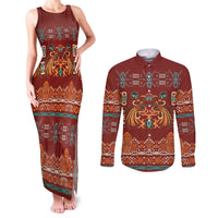 Oxblood Batik Papua-inspired Pattern Couples Matching Tank Maxi Dress and Long Sleeve Button Shirt LT9 Red - Polynesian Pride