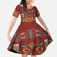 Oxblood Batik Papua-inspired Pattern Family Matching Off The Shoulder Long Sleeve Dress and Hawaiian Shirt - Polynesian Pride