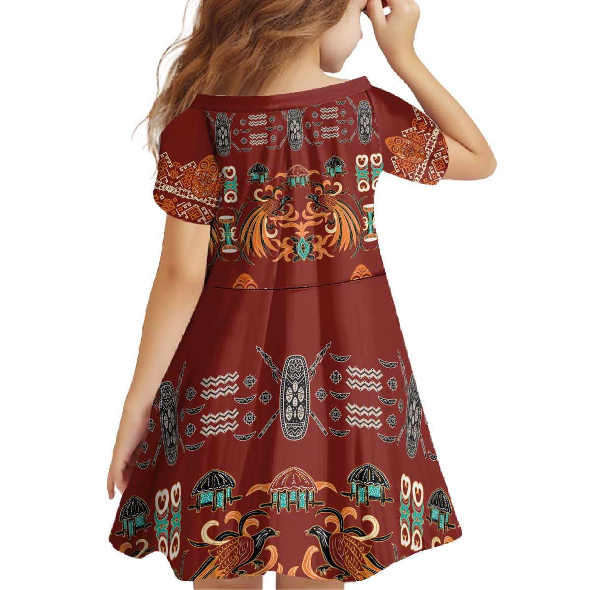 Oxblood Batik Papua-inspired Pattern Family Matching Off The Shoulder Long Sleeve Dress and Hawaiian Shirt - Polynesian Pride