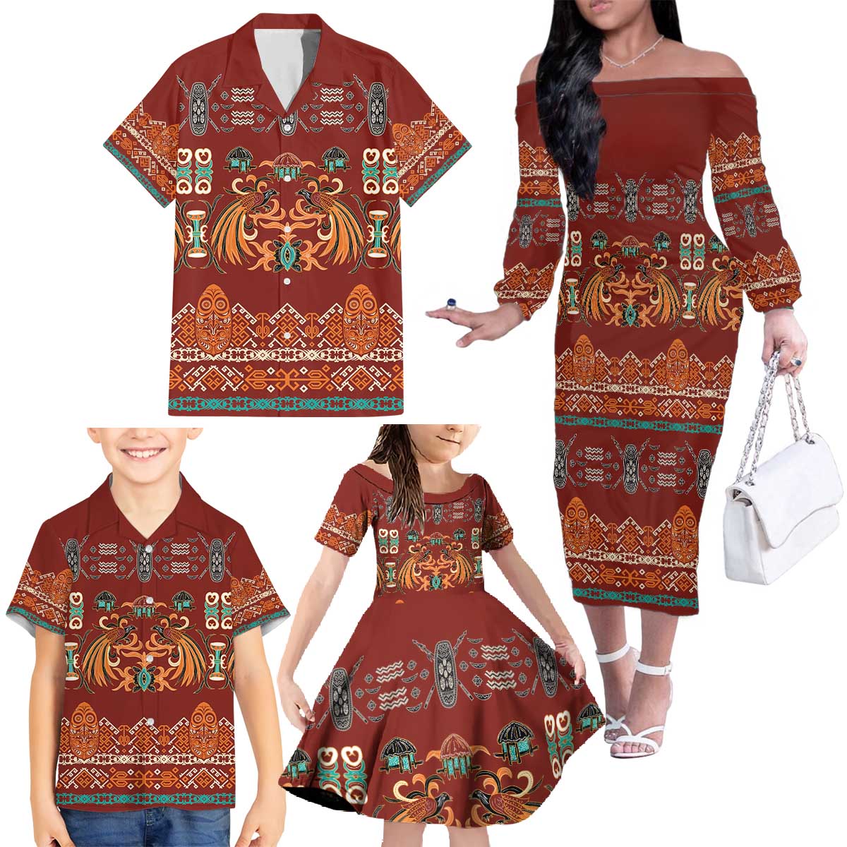 Oxblood Batik Papua-inspired Pattern Family Matching Off The Shoulder Long Sleeve Dress and Hawaiian Shirt LT9 - Polynesian Pride
