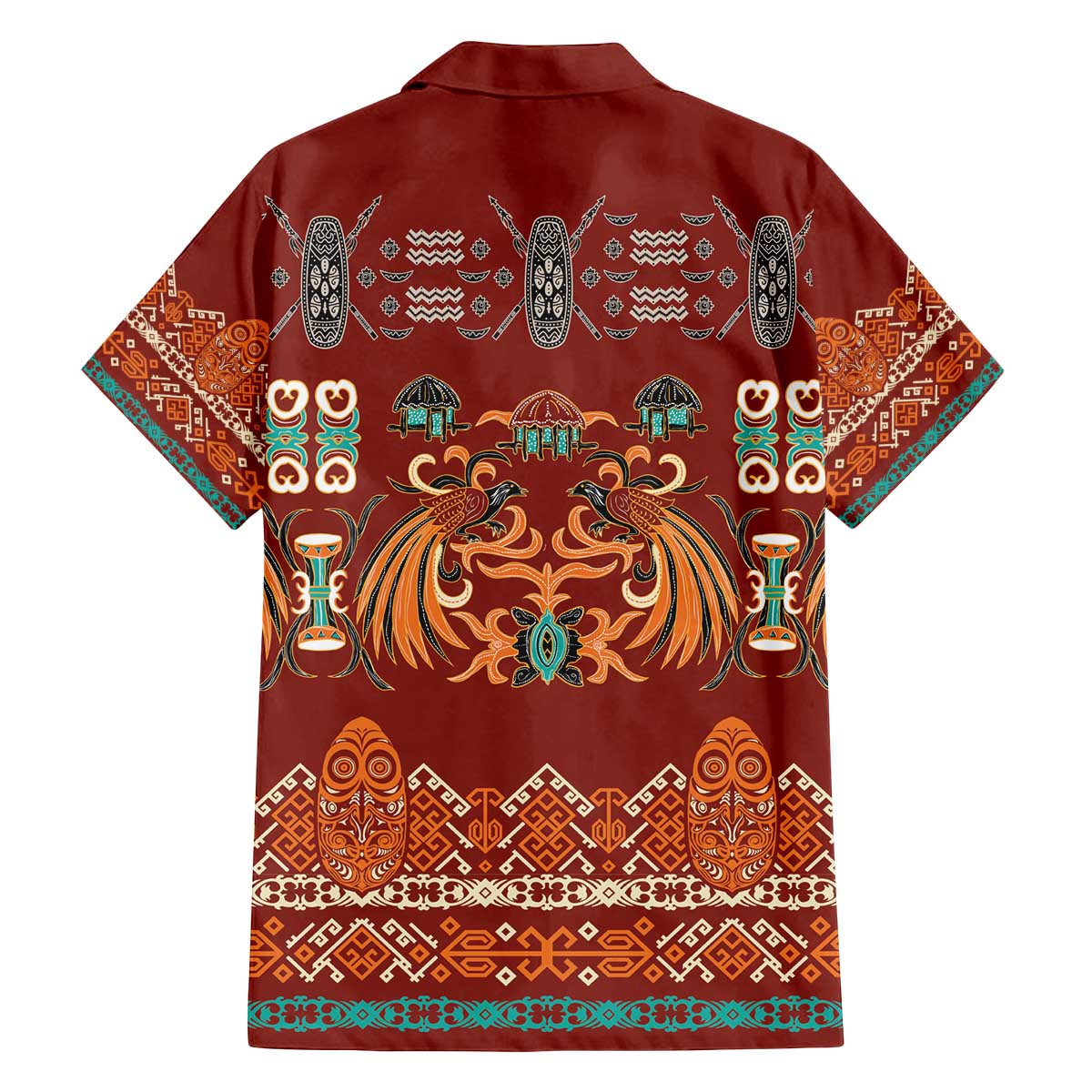 Oxblood Batik Papua-inspired Pattern Family Matching Off The Shoulder Long Sleeve Dress and Hawaiian Shirt - Polynesian Pride