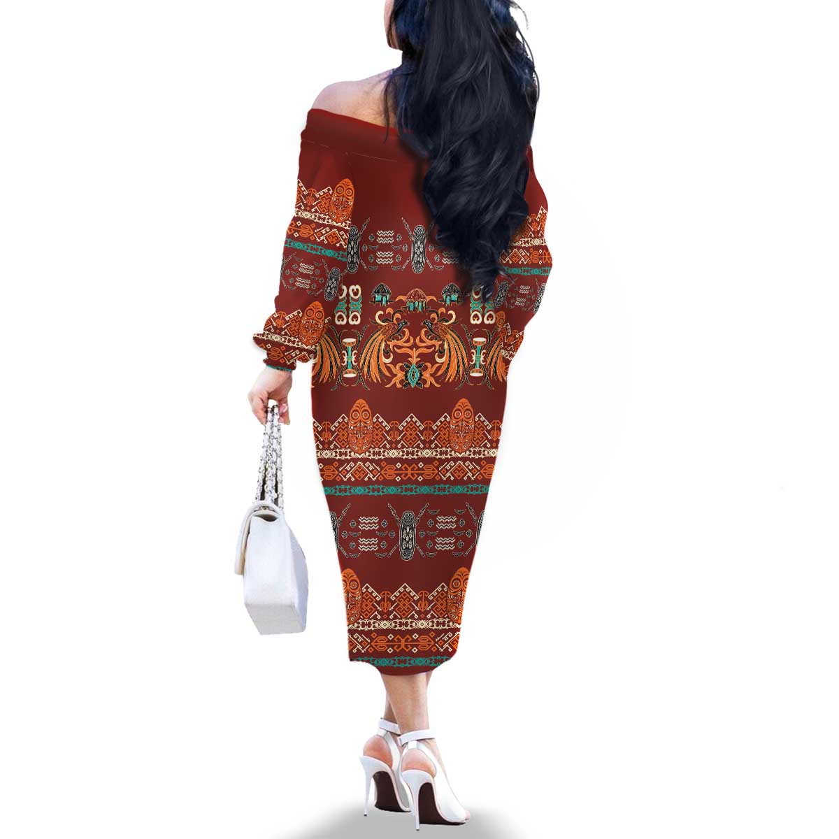 Oxblood Batik Papua-inspired Pattern Family Matching Off The Shoulder Long Sleeve Dress and Hawaiian Shirt - Polynesian Pride