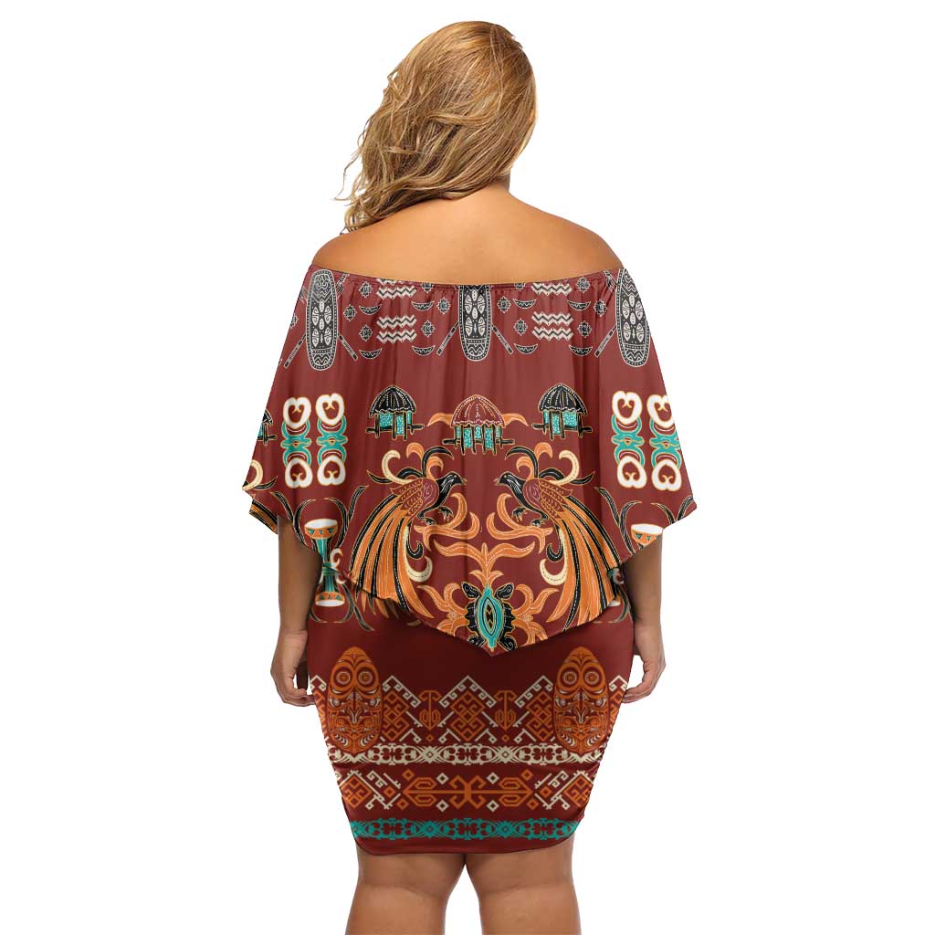 Oxblood Batik Papua-inspired Pattern Family Matching Off Shoulder Short Dress and Hawaiian Shirt LT9 - Polynesian Pride