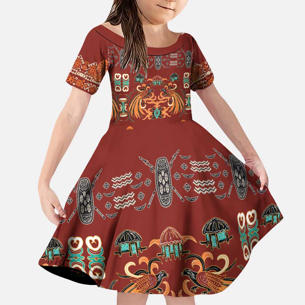 Oxblood Batik Papua-inspired Pattern Family Matching Puletasi and Hawaiian Shirt LT9 Daughter's Dress Red - Polynesian Pride