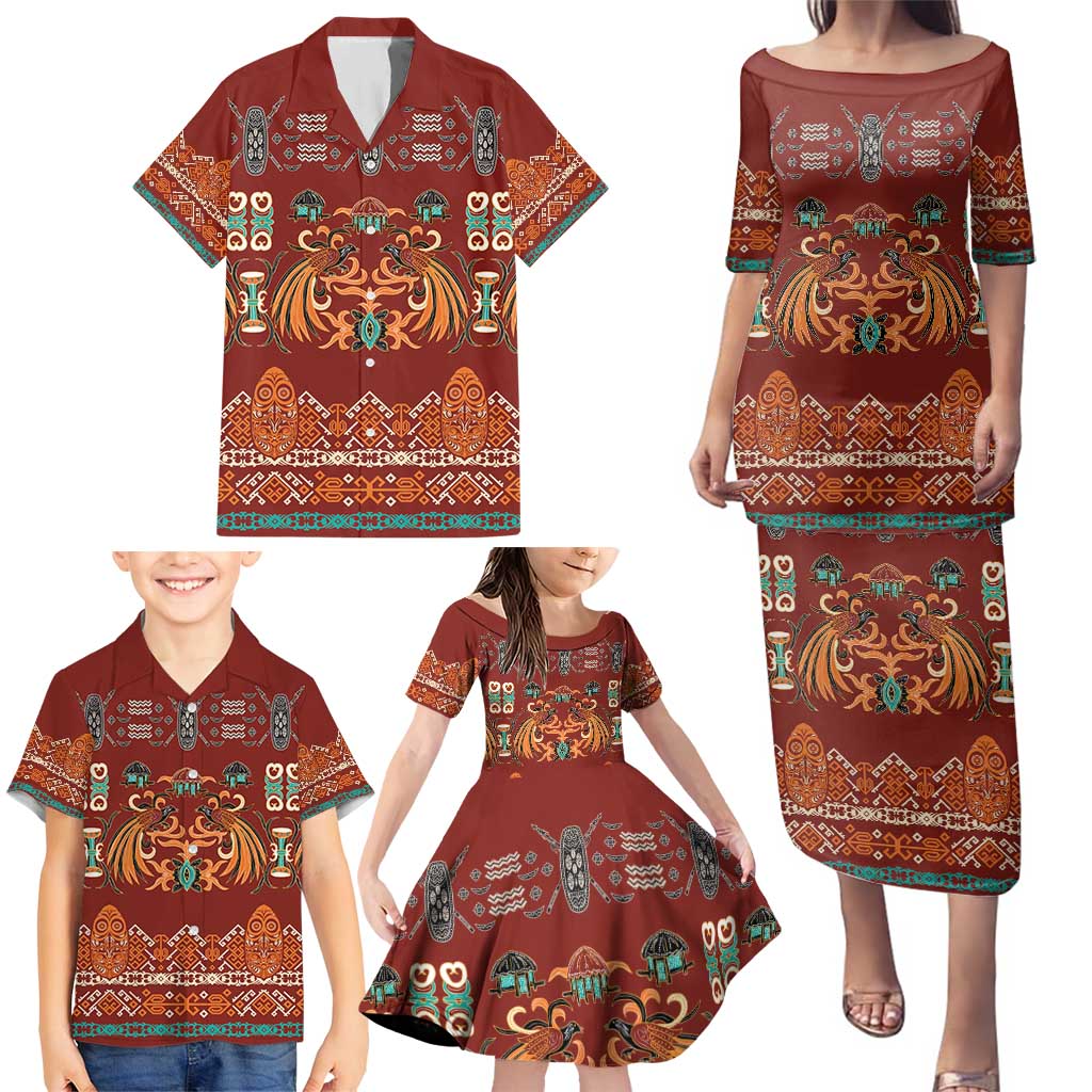 Oxblood Batik Papua-inspired Pattern Family Matching Puletasi and Hawaiian Shirt LT9 - Polynesian Pride