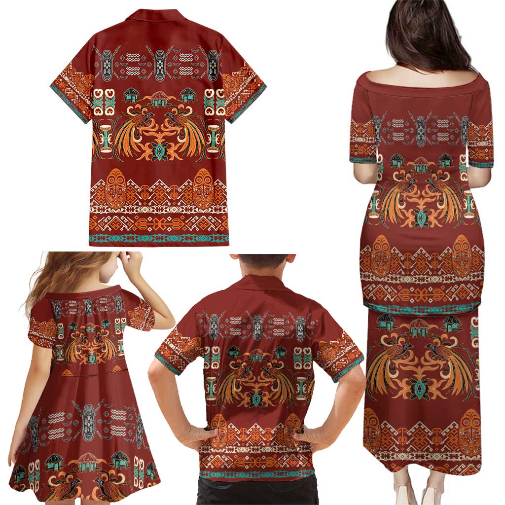 Oxblood Batik Papua-inspired Pattern Family Matching Puletasi and Hawaiian Shirt LT9 - Polynesian Pride