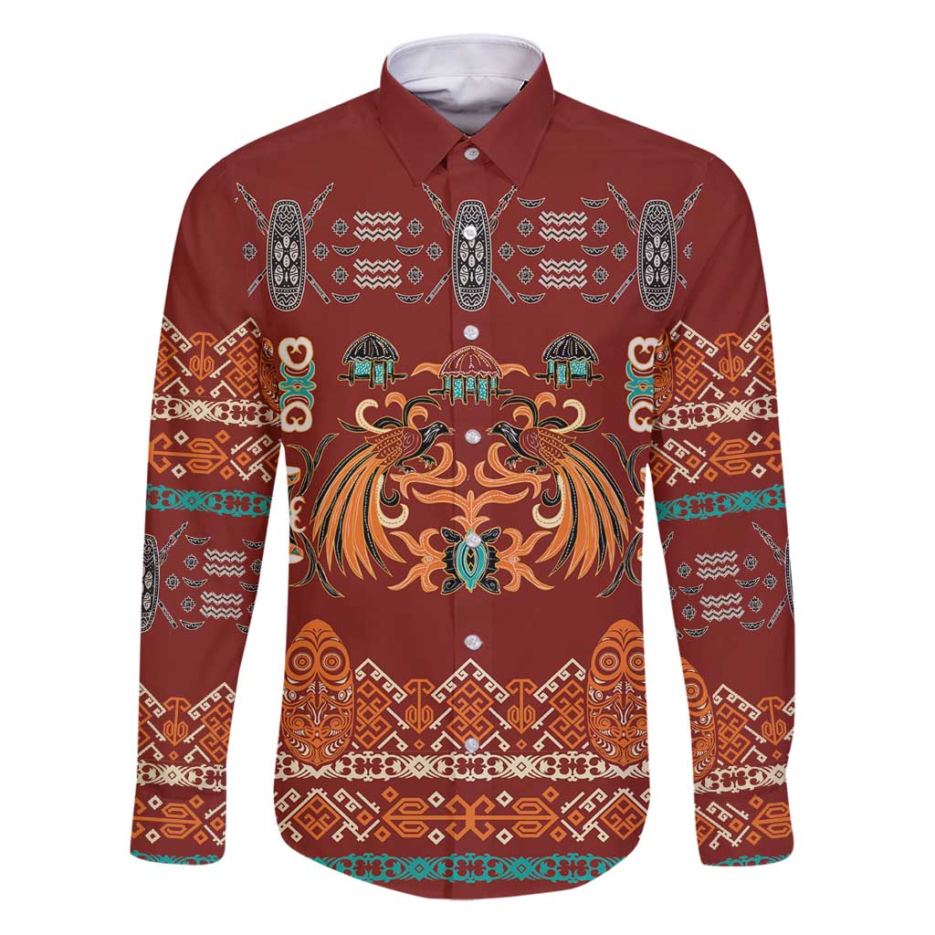 Oxblood Batik Papua-inspired Pattern Family Matching Puletasi and Hawaiian Shirt LT9 Dad's Shirt - Long Sleeve Red - Polynesian Pride
