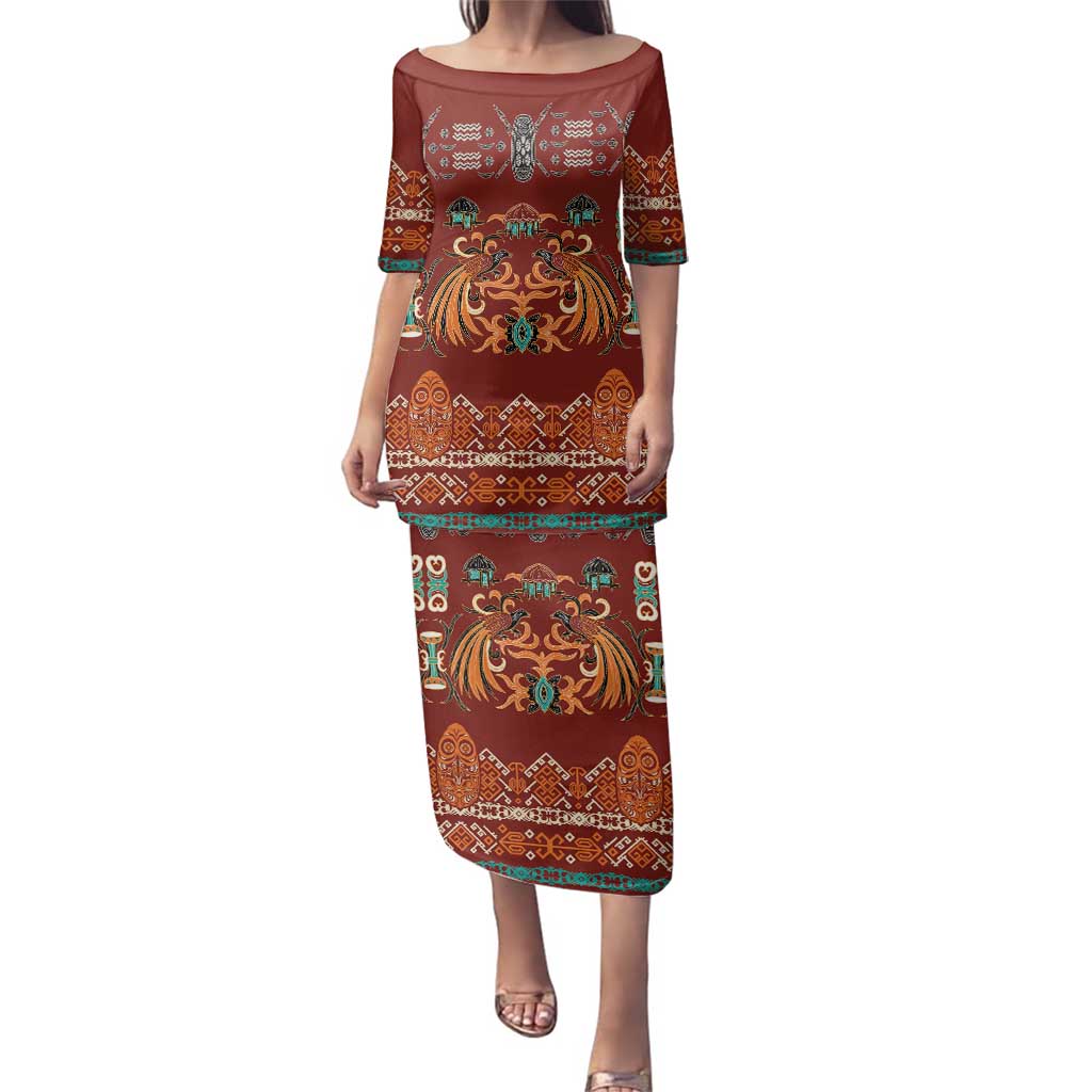 Oxblood Batik Papua-inspired Pattern Family Matching Puletasi and Hawaiian Shirt LT9 Mom's Dress Red - Polynesian Pride