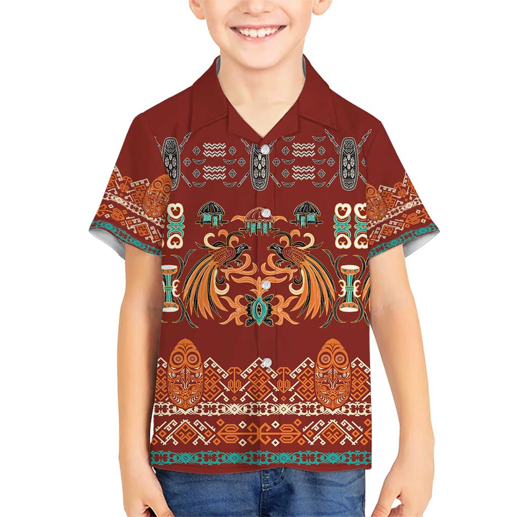 Oxblood Batik Papua-inspired Pattern Kid Hawaiian Shirt - Polynesian Pride