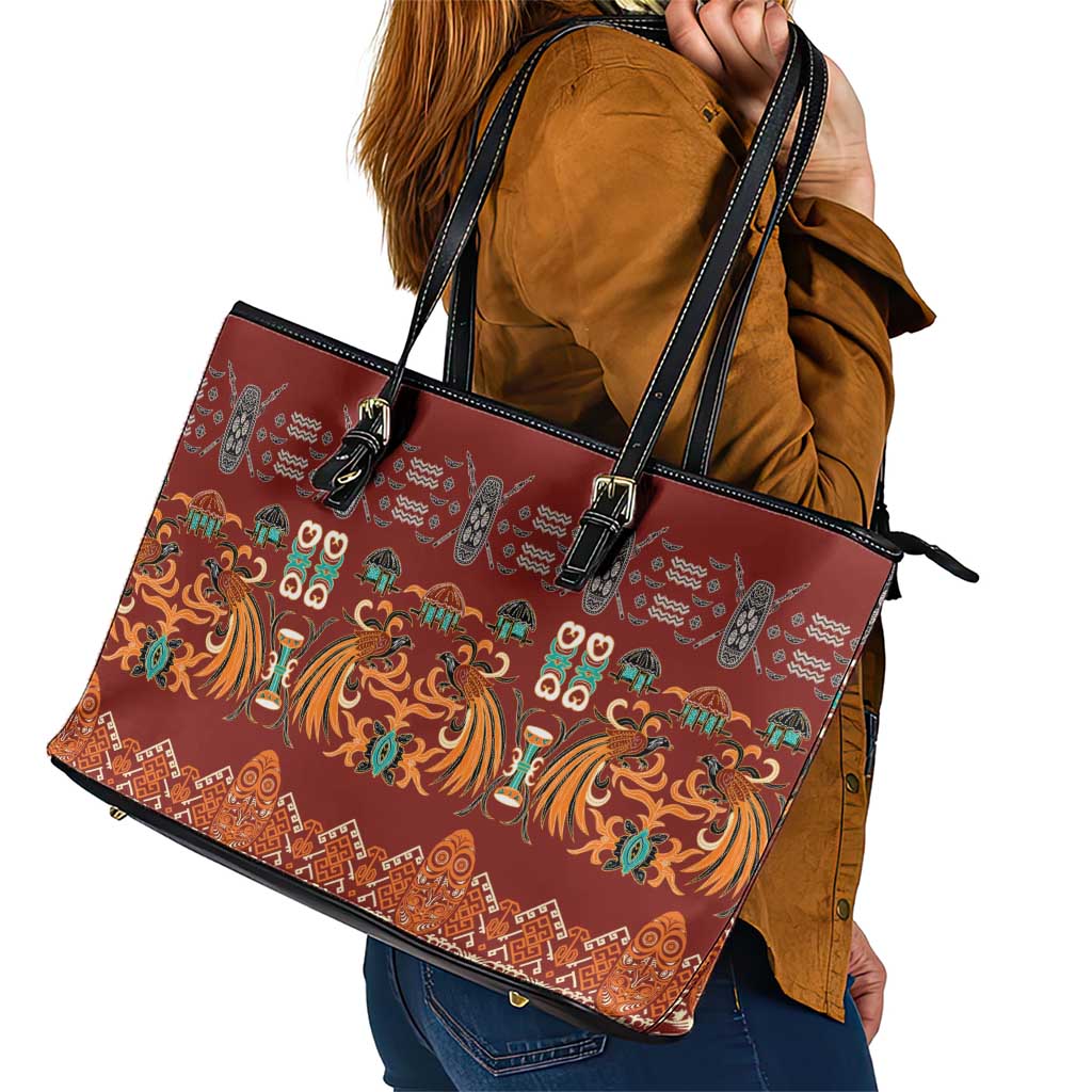 Oxblood Batik Papua-inspired Pattern Leather Tote Bag - Polynesian Pride