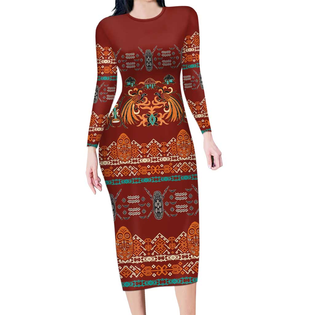 Oxblood Batik Papua-inspired Pattern Long Sleeve Bodycon Dress - Polynesian Pride