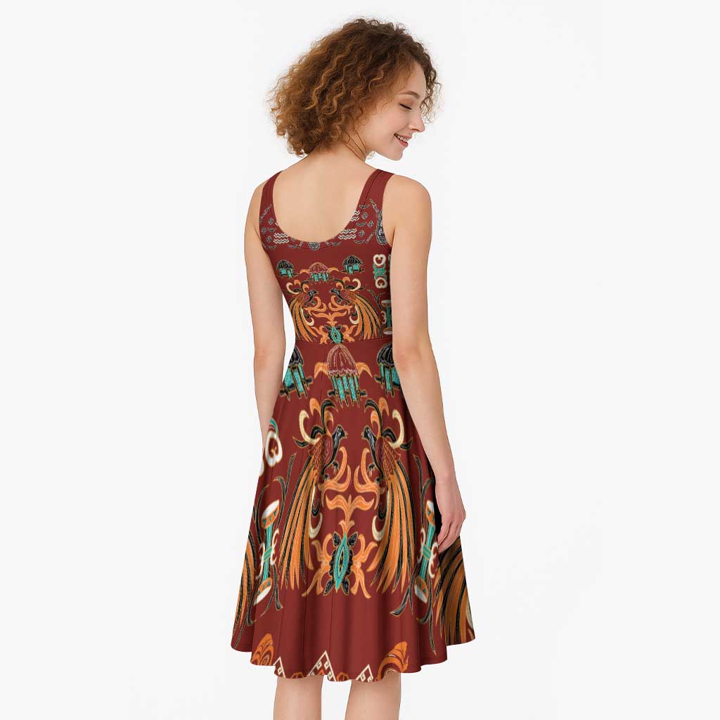 Oxblood Batik Papua-inspired Pattern Midi Dress - Polynesian Pride