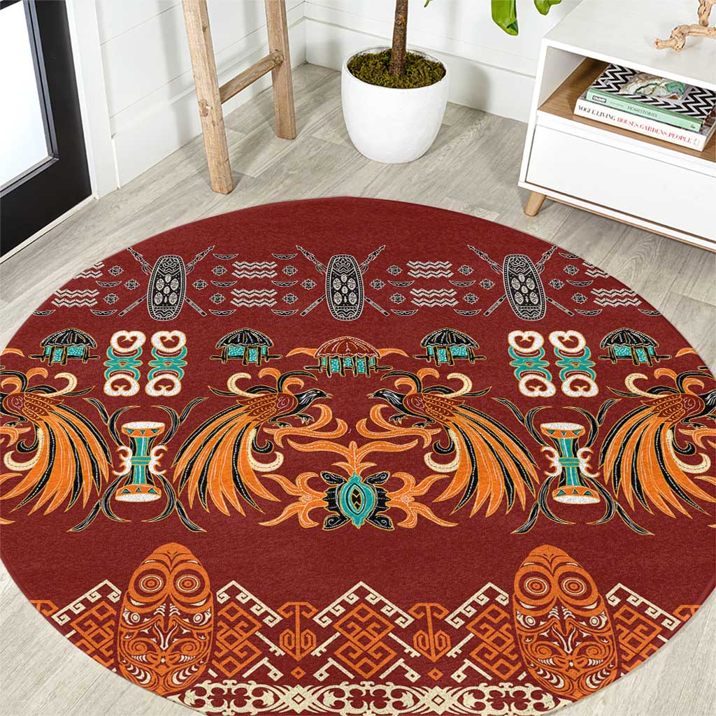 Oxblood Batik Papua-inspired Pattern Round Carpet - Polynesian Pride
