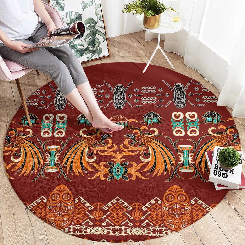 Oxblood Batik Papua-inspired Pattern Round Carpet - Polynesian Pride