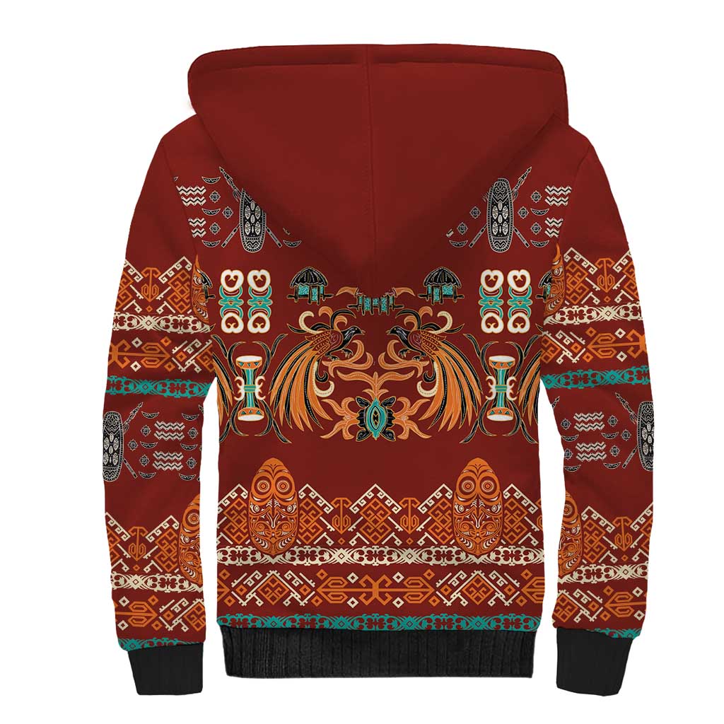 Oxblood Batik Papua-inspired Pattern Sherpa Hoodie LT9 - Polynesian Pride