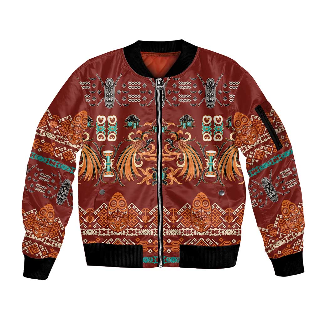 Oxblood Batik Papua-inspired Pattern Sleeve Zip Bomber Jacket - Polynesian Pride