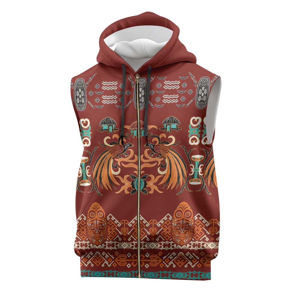 Oxblood Batik Papua-inspired Pattern Sleeveless Zip Hoodie - Polynesian Pride