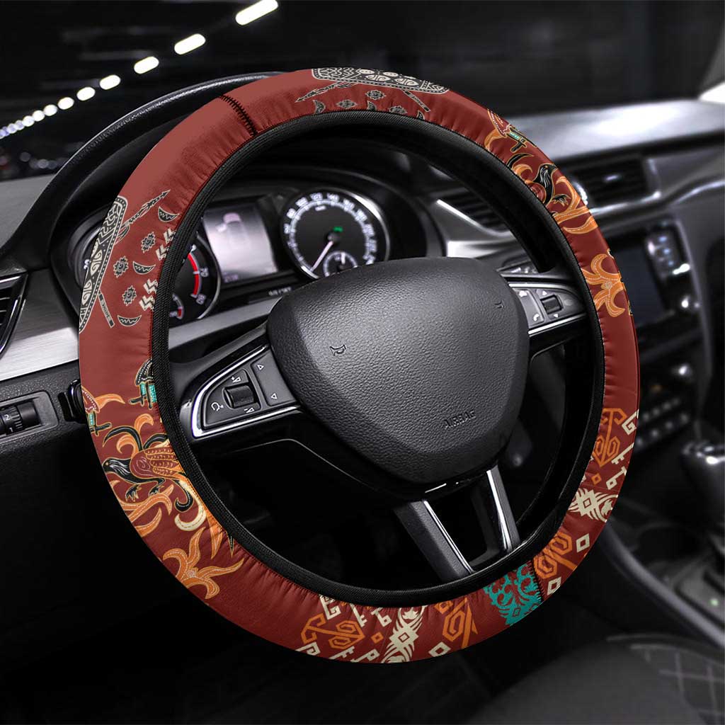 Oxblood Batik Papua-inspired Pattern Steering Wheel Cover LT9 Universal Fit Red - Polynesian Pride