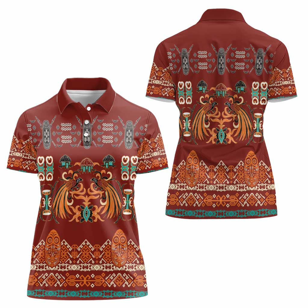 Oxblood Batik Papua-inspired Pattern Women Polo Shirt - Polynesian Pride