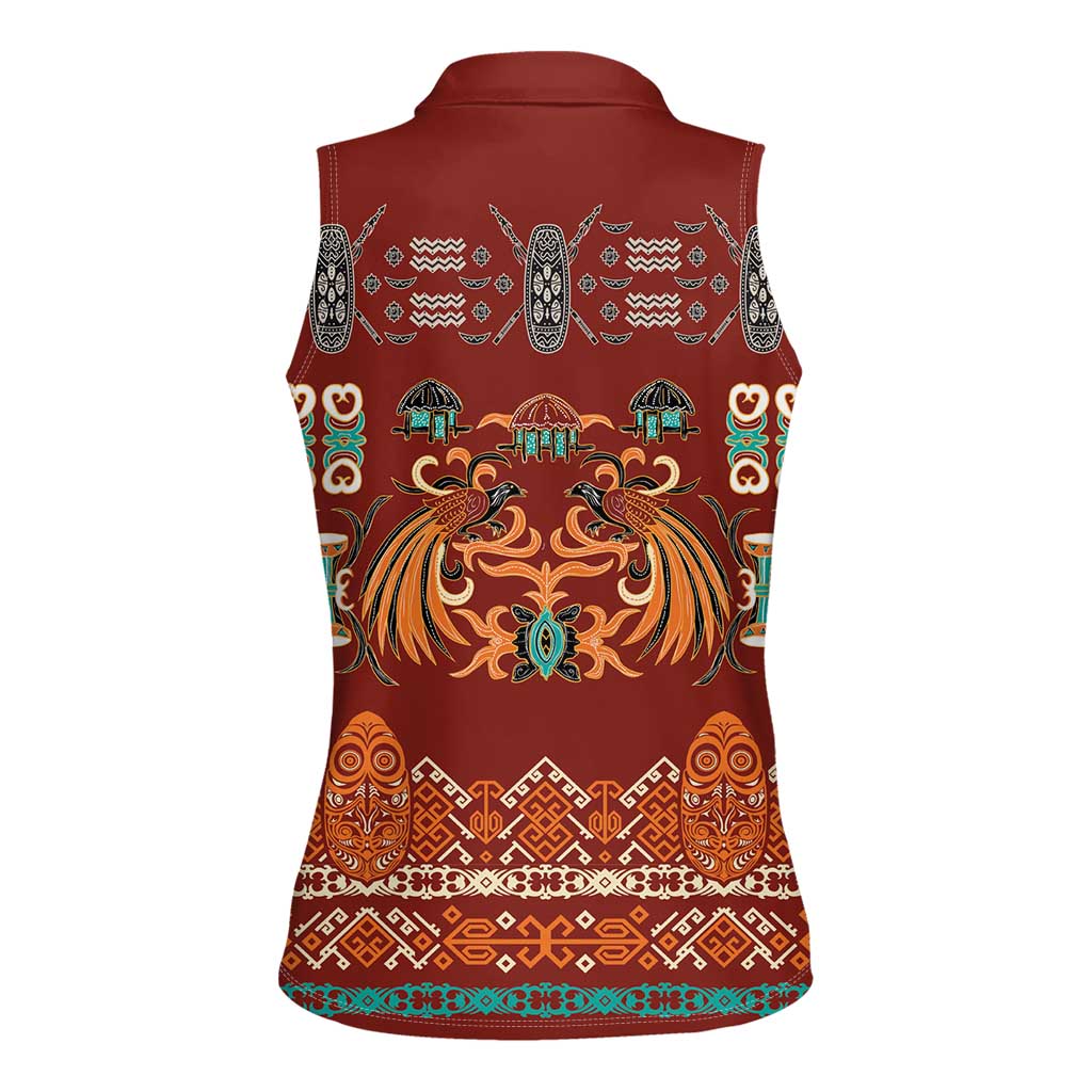 Oxblood Batik Papua-inspired Pattern Women Sleeveless Polo Shirt LT9 - Polynesian Pride