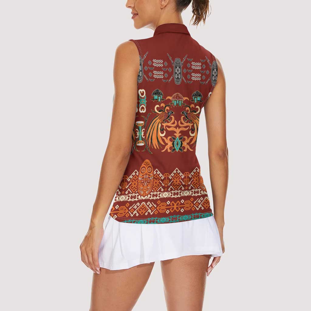 Oxblood Batik Papua-inspired Pattern Women Sleeveless Polo Shirt LT9 - Polynesian Pride
