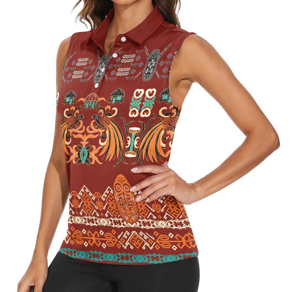 Oxblood Batik Papua-inspired Pattern Women Sleeveless Polo Shirt LT9 - Polynesian Pride