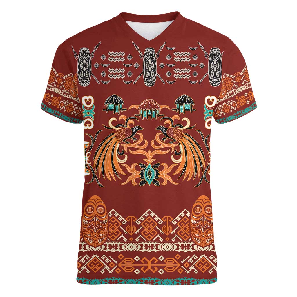 Oxblood Batik Papua-inspired Pattern Women V-Neck T-Shirt - Polynesian Pride