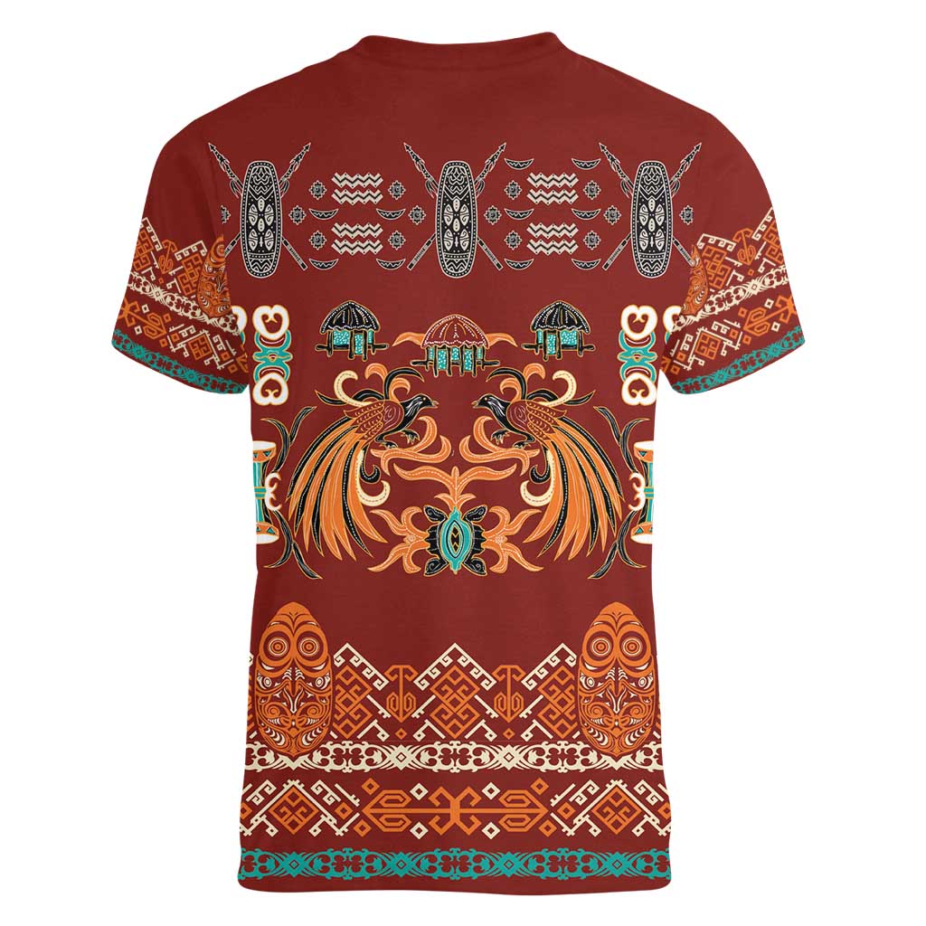 Oxblood Batik Papua-inspired Pattern Women V-Neck T-Shirt - Polynesian Pride