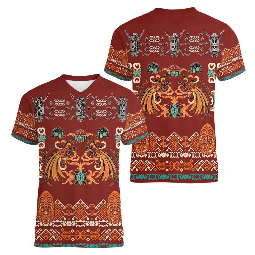 Oxblood Batik Papua-inspired Pattern Women V-Neck T-Shirt - Polynesian Pride