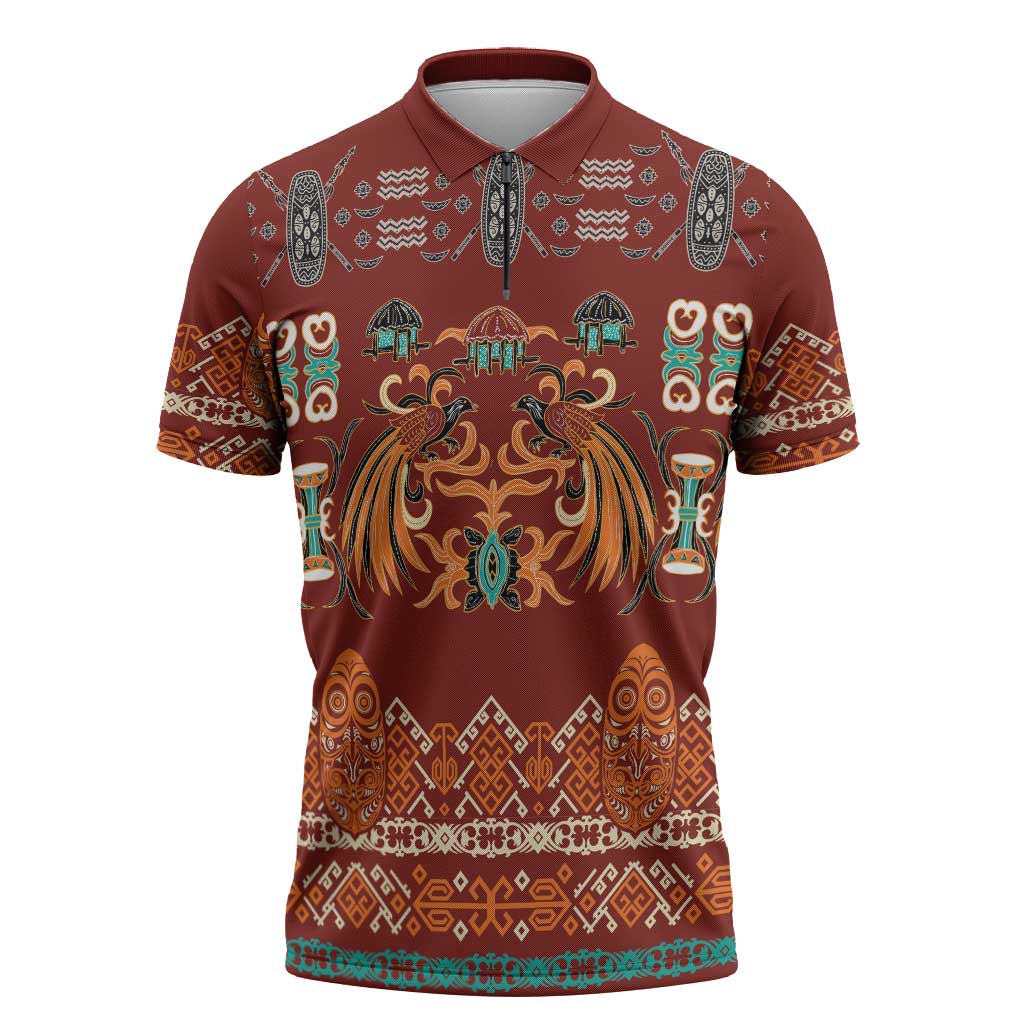 Oxblood Batik Papua-inspired Pattern Zipper Polo Shirt LT9 Red - Polynesian Pride