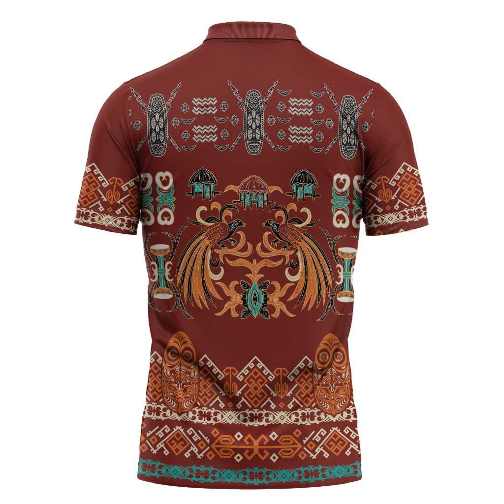 Oxblood Batik Papua-inspired Pattern Zipper Polo Shirt LT9 - Polynesian Pride