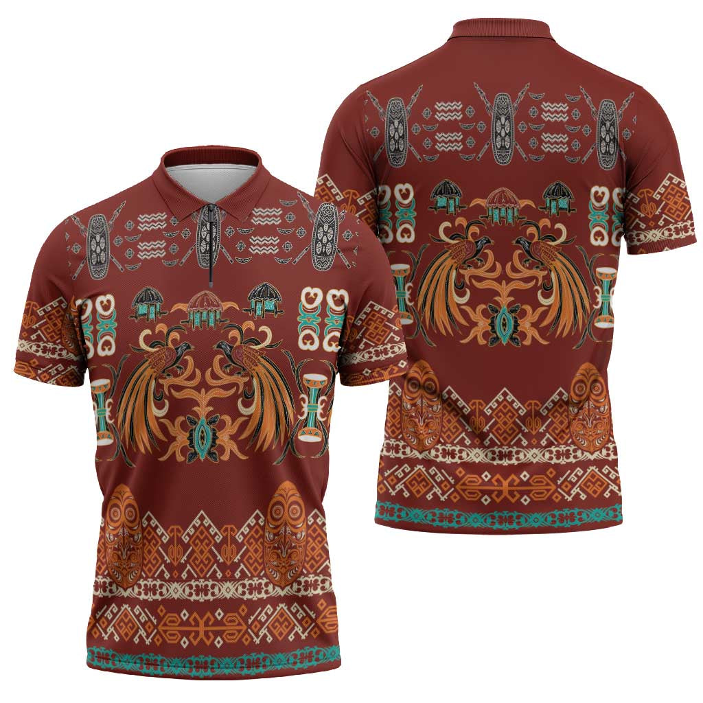 Oxblood Batik Papua-inspired Pattern Zipper Polo Shirt LT9 - Polynesian Pride