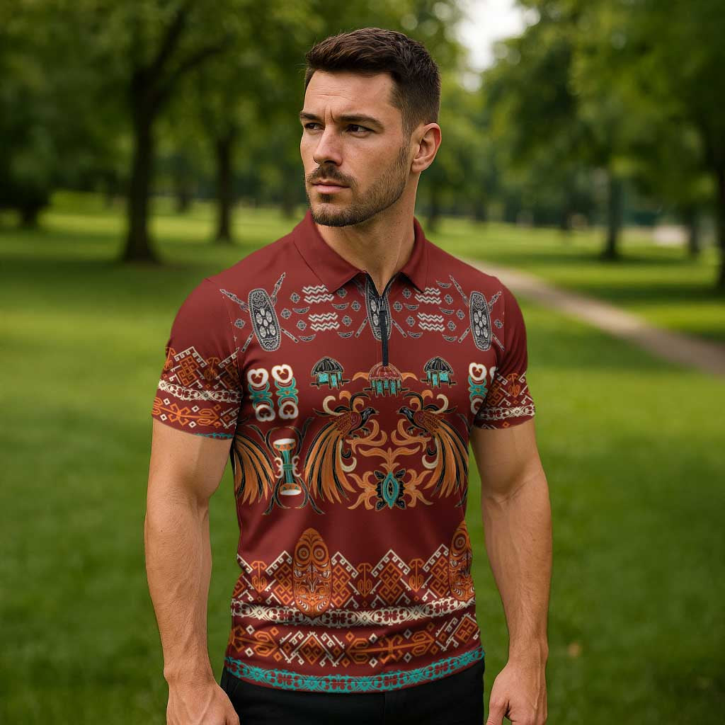 Oxblood Batik Papua-inspired Pattern Zipper Polo Shirt LT9 - Polynesian Pride