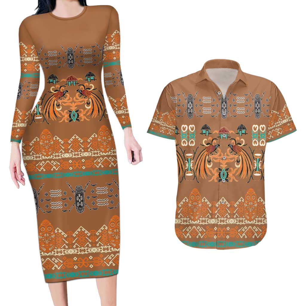 Terracotta Batik Papua-inspired Pattern Couples Matching Long Sleeve Bodycon Dress and Hawaiian Shirt LT9 Gold - Polynesian Pride
