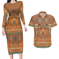 Terracotta Batik Papua-inspired Pattern Couples Matching Long Sleeve Bodycon Dress and Hawaiian Shirt LT9 Gold - Polynesian Pride