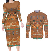 Terracotta Batik Papua-inspired Pattern Couples Matching Long Sleeve Bodycon Dress and Long Sleeve Button Shirt LT9 Gold - Polynesian Pride