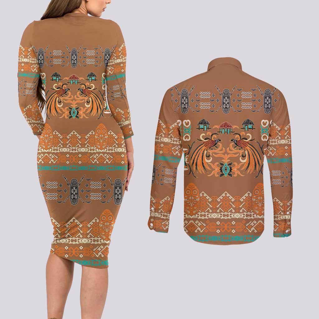 Terracotta Batik Papua-inspired Pattern Couples Matching Long Sleeve Bodycon Dress and Long Sleeve Button Shirt LT9 - Polynesian Pride