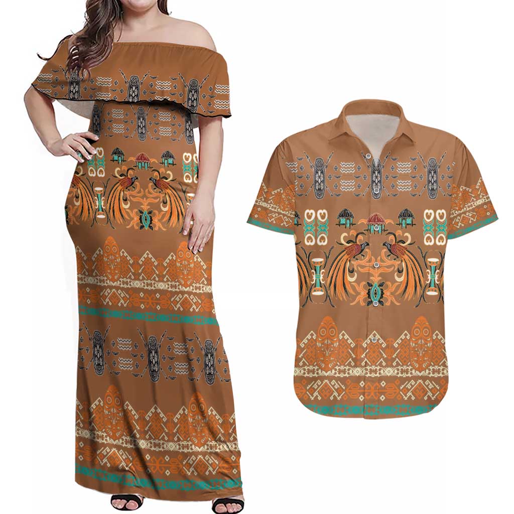 Terracotta Batik Papua-inspired Pattern Couples Matching Off Shoulder Maxi Dress and Hawaiian Shirt LT9 Gold - Polynesian Pride