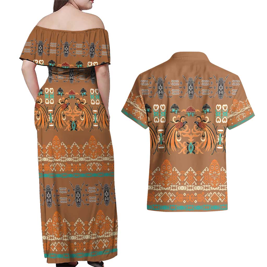 Terracotta Batik Papua-inspired Pattern Couples Matching Off Shoulder Maxi Dress and Hawaiian Shirt LT9 - Polynesian Pride