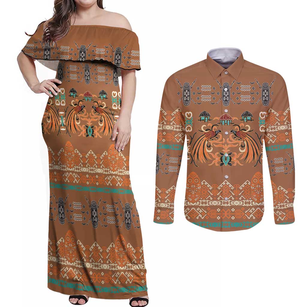Terracotta Batik Papua-inspired Pattern Couples Matching Off Shoulder Maxi Dress and Long Sleeve Button Shirt - Polynesian Pride