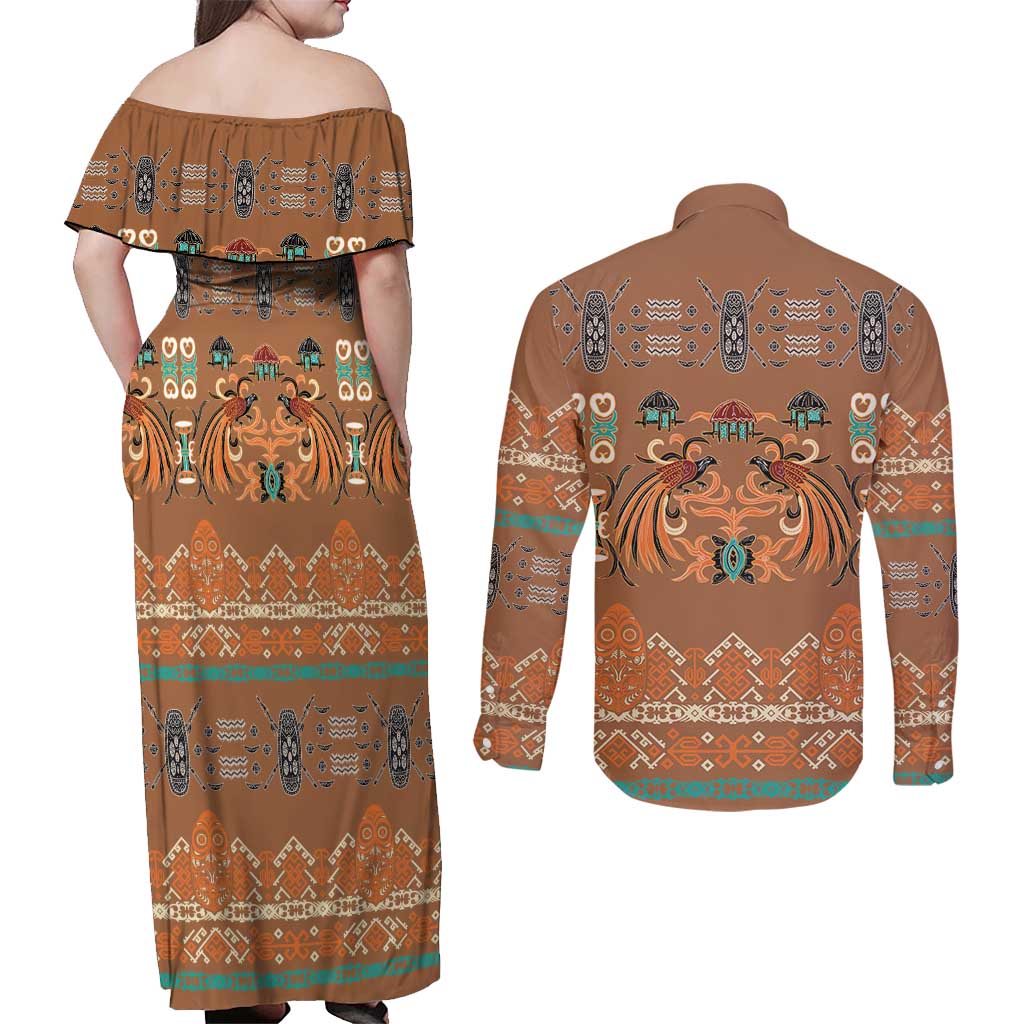 Terracotta Batik Papua-inspired Pattern Couples Matching Off Shoulder Maxi Dress and Long Sleeve Button Shirt - Polynesian Pride